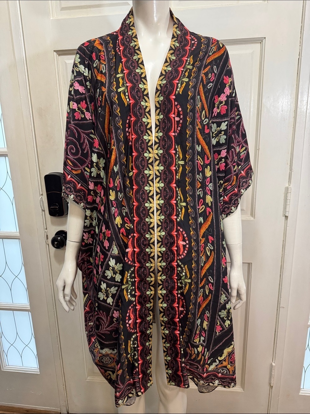 HEMANT & NANDITA Boho Black Kimono Yellow, Pink /Green Floral Print One Size. A1